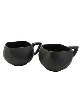 Set Of 2 Japanese Saki Cups Vintage Black Ceramic Square Round CCCI 2000  JE114